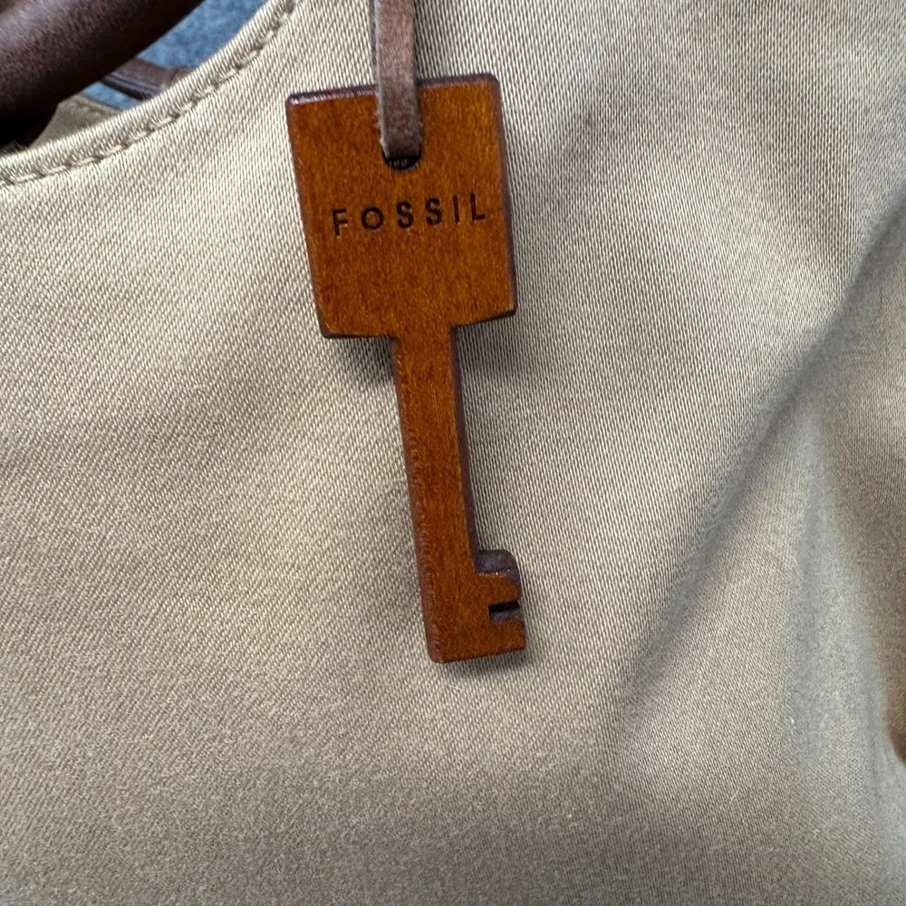 Fossil Canvas Handbag Leather Trim Circle Ring Handles Boho Hobo Wood Key